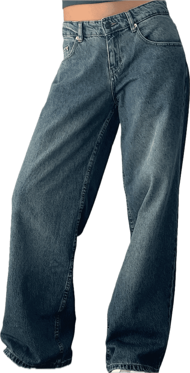 a mid to dark-wash pair of jeans, low-waisted with a wide-leg, baggy fit