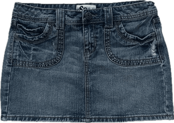 a mid to dark-wash denim mini skirt