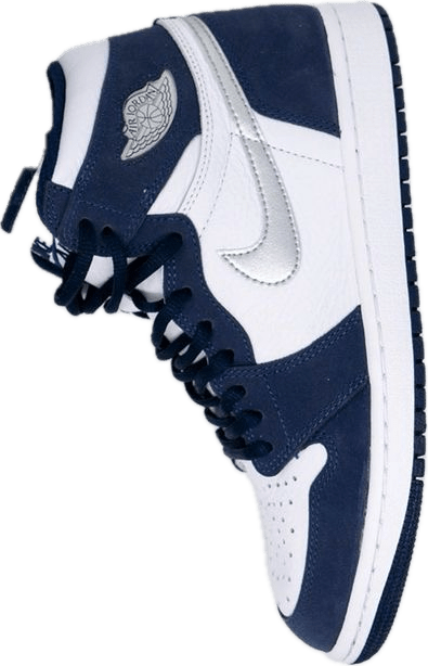 Nike high-top Jordans, white with navy blue and silver detailing