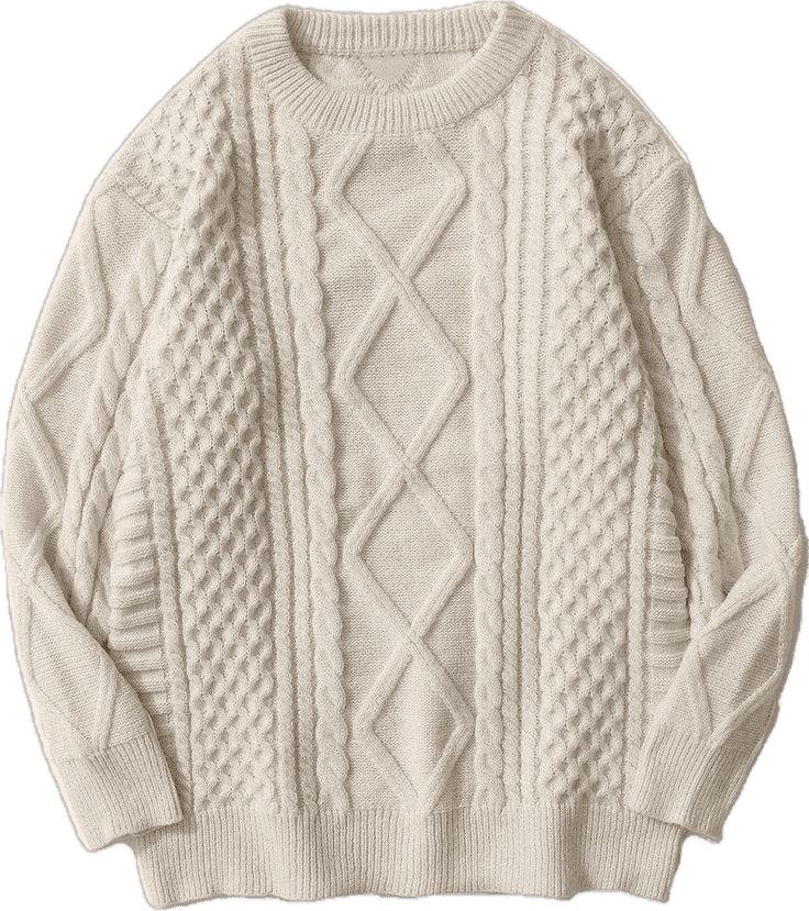 a cream colored, cable-knit sweater